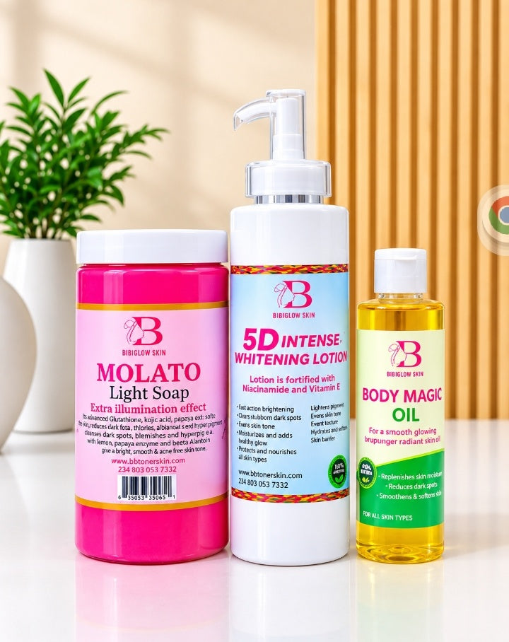 BibiGlow Complete Glow Set – Molato Soap, 5D Lotion & Body Magic Oil