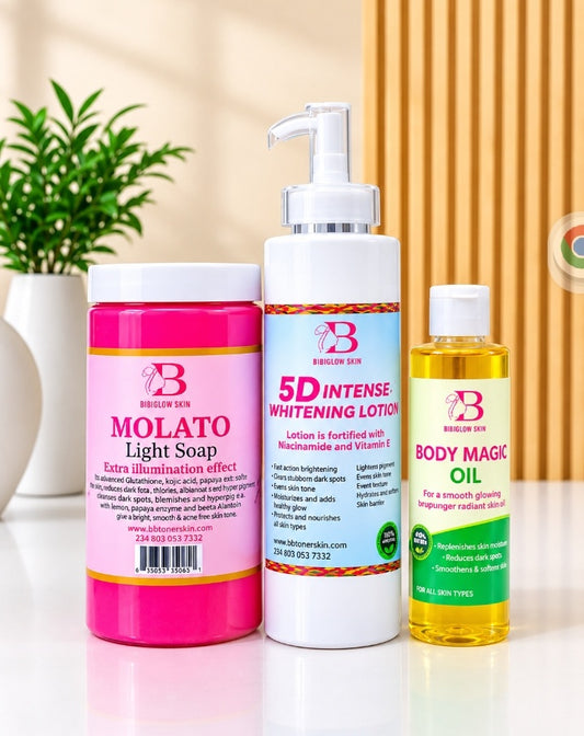 BibiGlow Complete Glow Set – Molato Soap, 5D Lotion & Body Magic Oil